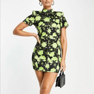 ASOS Design Neoprene Look Green Floral Mini Dress (Backless) Shoulder Pads
